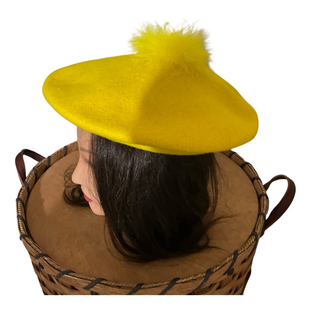 Two Girls N.Y.C. Vibrant Yellow Tam Beret with Fluffy Pom-Pom Retro Mod - Picture 3 of 9